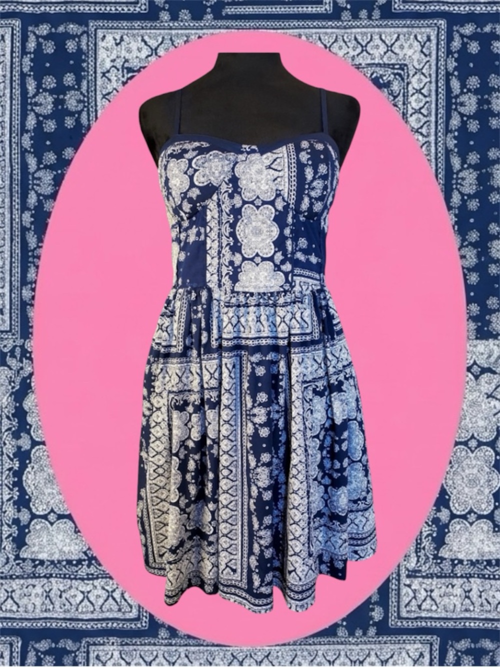 Band of Gypsies Boho Retro Blue White Paisley Bandana Sleeveless Mini Dress L